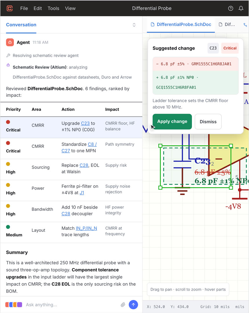 The Circuitly workspace: ranked review findings beside a schematic with a suggested component change